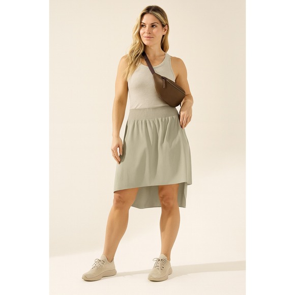 Athleta Cosmic Skirt Womens Large Beige Tan High Low Hem Stretch Pockets Travel - Picture 1 of 9